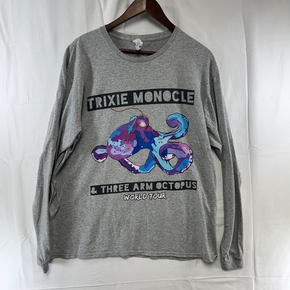 Trixie Monocle Three Arm Octopus World Tour Shirt Tee Adult XL Gray Long‎ Sleeve